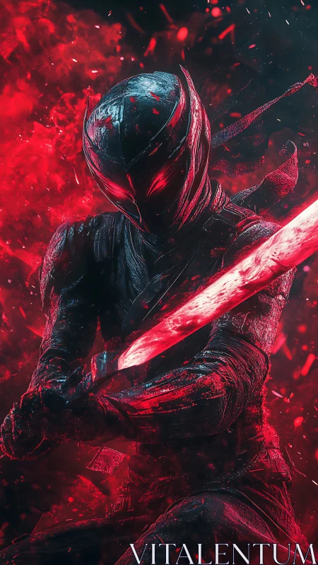 Scarlet armored ninja poised with blazing energy blade.