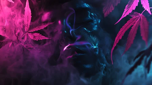 Neon smoke swirls around a serene face and glowing leaves