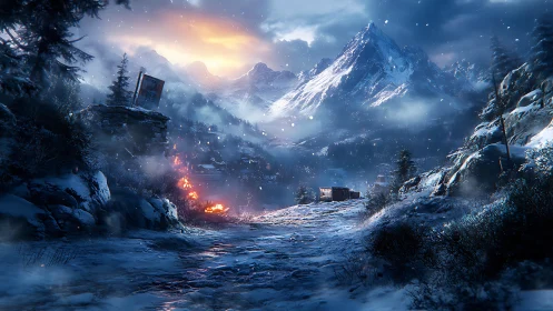 Snowy mountain valley glowing with quiet ember lights.