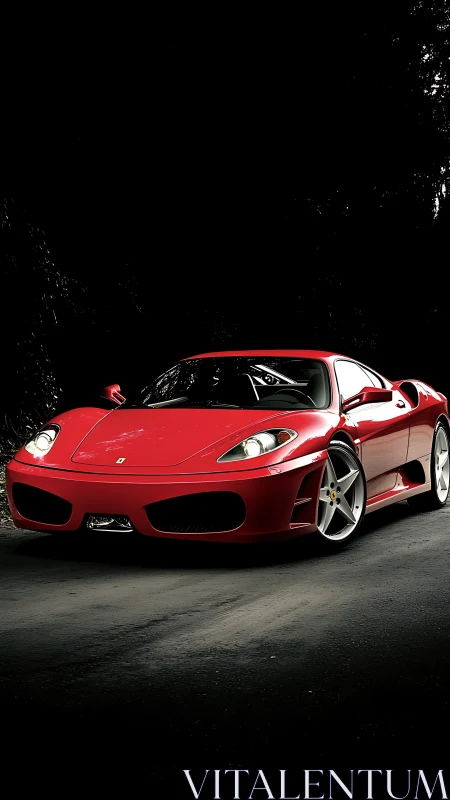 Red supercar on dark road with dramatic spotlighting setup.