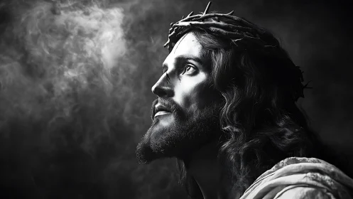 Side profile of robed man in crown of thorns, smoke background.