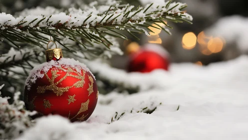 Red Christmas bauble rests in snow beneath evergreen branch