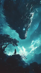 Colossal spectral dragon confronts lone swordsman in teal storm