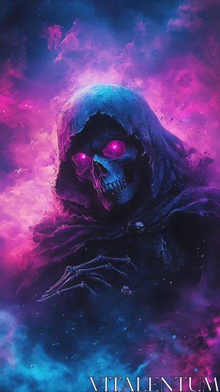 Neon cosmic reaper emerging from swirling pink and blue mists.