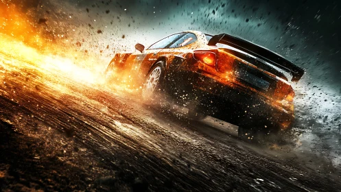 Fiery sports car powers through rain and flying sparks.