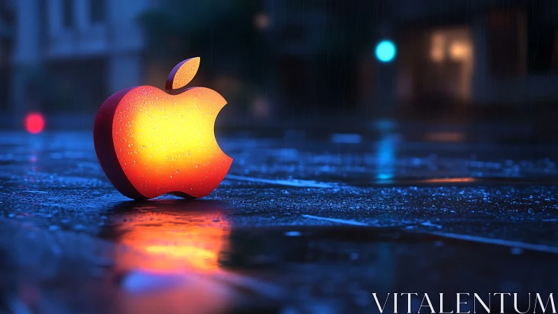 Glowing apple logo softly illuminates a rainy city street