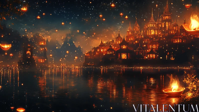 Illuminated temple city floating above water at night with lanterns