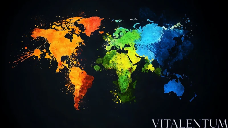 World map rendered as multicolor paint splatter artwork