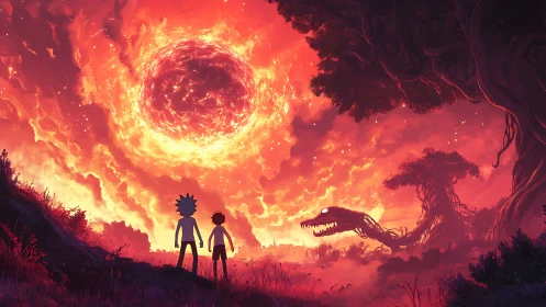 Two figures face fiery portal sky and looming tree beast.