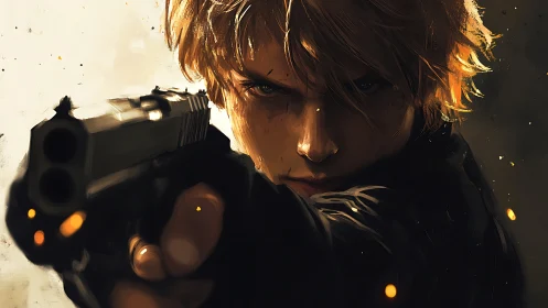 Blond individual aims handgun in close frontal perspective