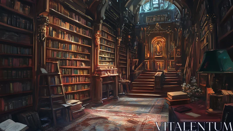 Golden light pours through a grand, story-filled library