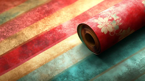 Floral patterned wallpaper roll on textured striped surface.
