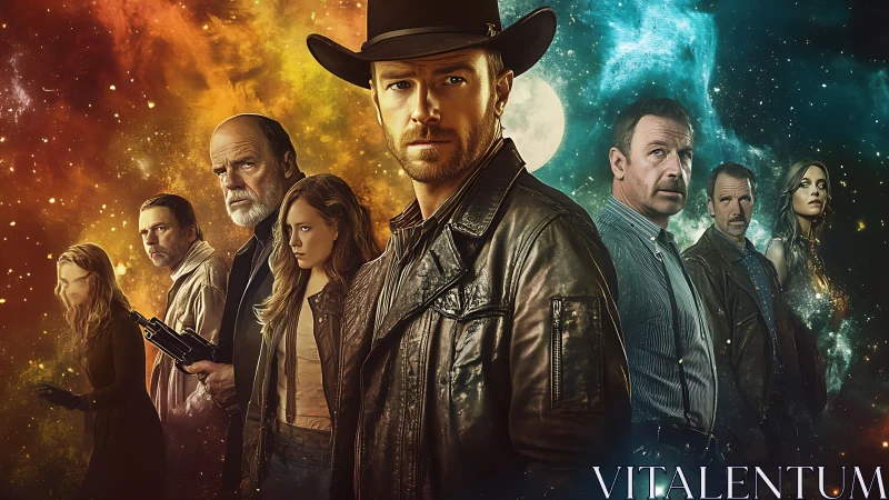 Dual-cosmos leather-clad ensemble in space-western standoff.