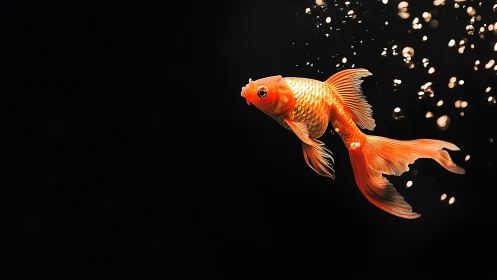 Golden koi glides through black water with drifting bubbles.