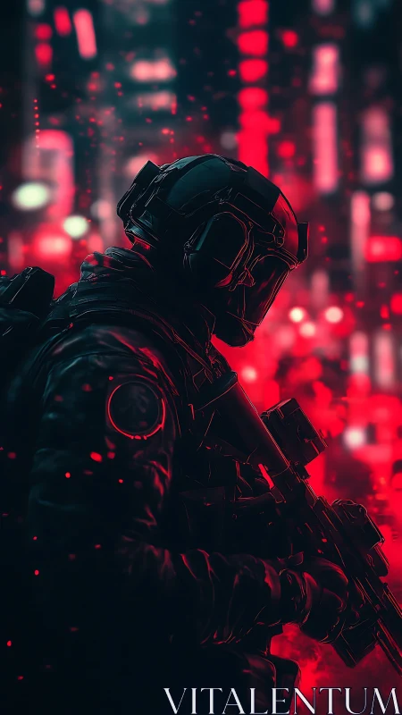 Tactical cyber soldier stalks neon city in crimson haze.