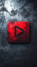 Red grunge play icon rendered on distressed metal surface