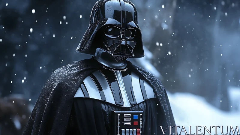 Armored black-helmeted figure stands in snowy outdoor scene