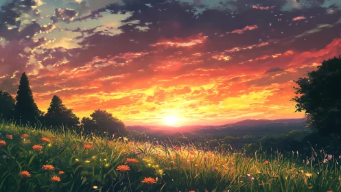 Sunset over wildflower hillside and distant forest horizon.