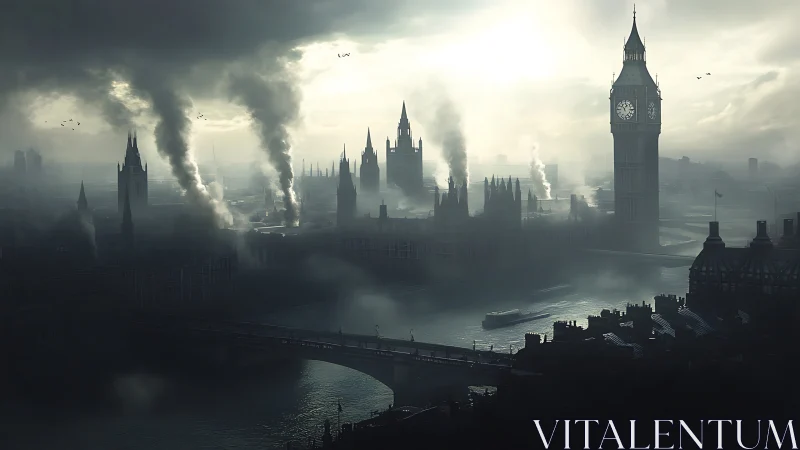 Industrial smoke obscures a fog-laden riverside cityscape