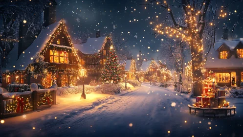 Snow covered village street with dense winter lighting display.
