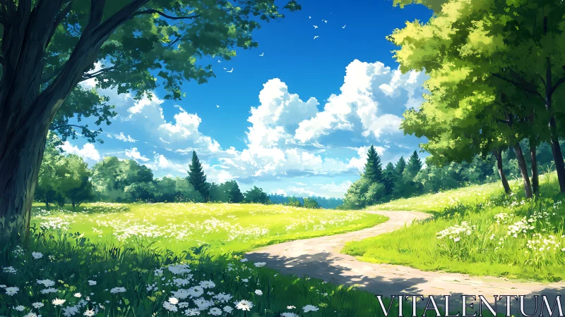 Sunlit meadow path under towering clouds and lush trees.