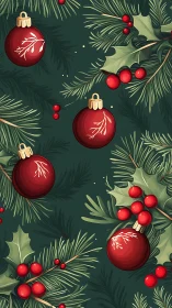 Seamless digital pattern of red baubles with pine and holly sprigs