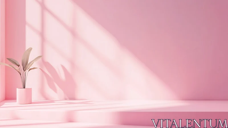 Minimalist pink interior with potted plant and window shadows