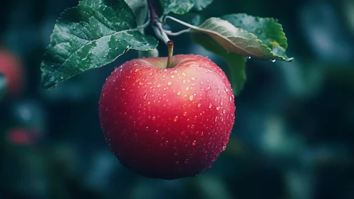 Ripe red apple with water droplets on tree branch.