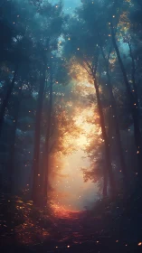 Mystical Forest Pathway with Volumetric Light Rendering and Particle Effects