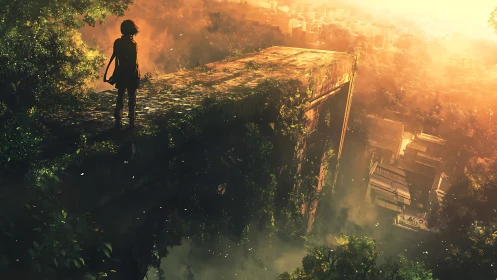 Solitary figure on overgrown platform above hazy city.