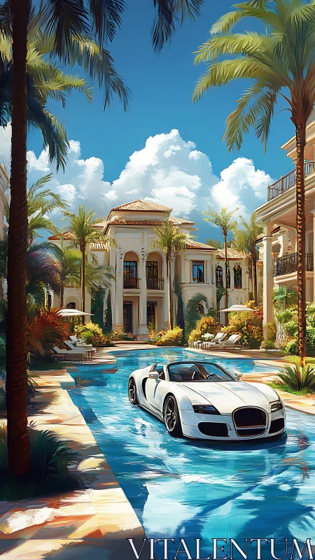 Luxury sports car floating in pool of grand villa estate.