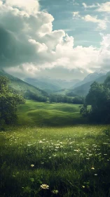 Cloud giants lean over a whispering valley of wildflowers