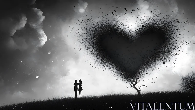 Two Silhouettes Beneath A Disintegrating Heart.