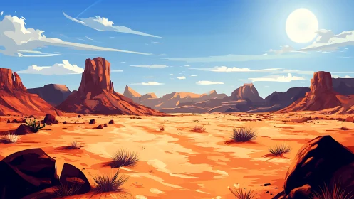 Sunlit desert mesas rise under a vast, cloud-streaked sky