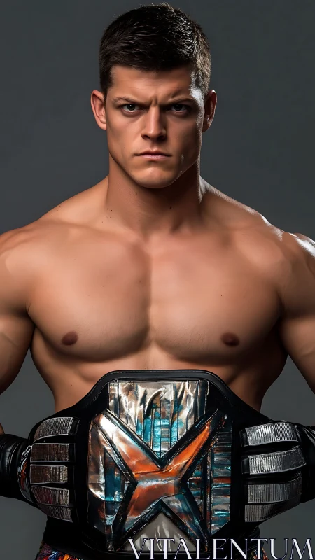 Muscular champion wrestler with metallic X title belt.