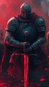 Armored knight rendered in high-contrast red-black palette stands poised