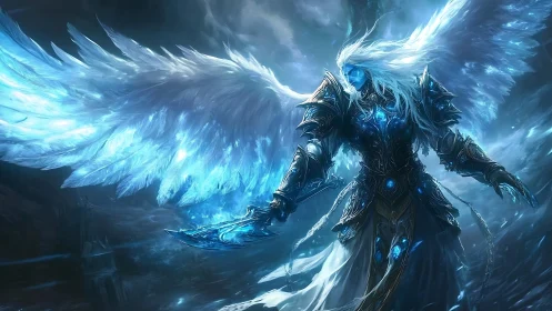 Radiant ice-winged guardian rising in a stormy blue sky.