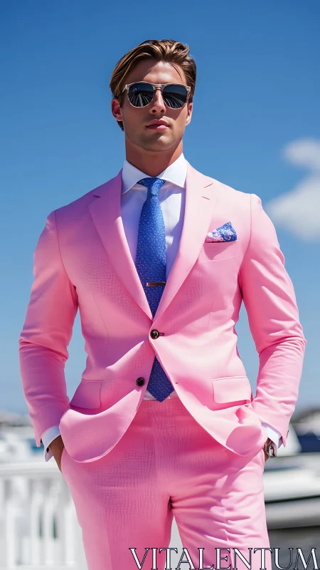 Tailored pink summer suit with mirrored sunglasses at marina