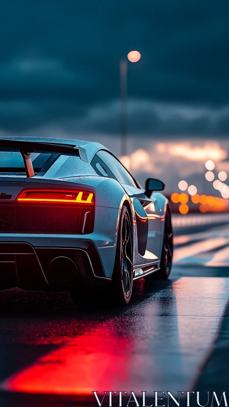 Rain-slicked supercar stalks neon dusk along a glowing road