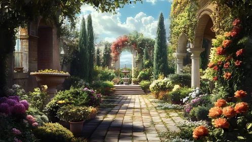 Mediterranean courtyard garden under golden afternoon light.