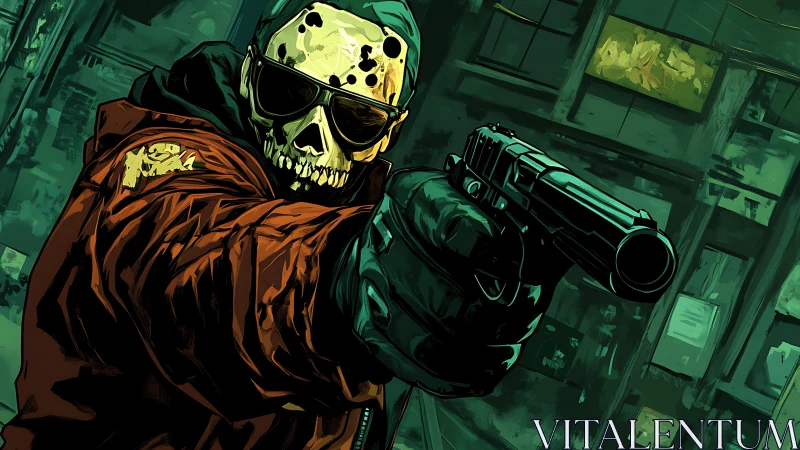 Skull-faced gunman in neon alleys of a lawless nightscape.