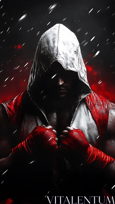 Hooded boxer in red gloves framed by dramatic falling snow.