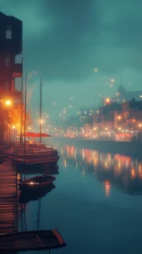 Dreamy canal at night glows with misty reflections and lights
