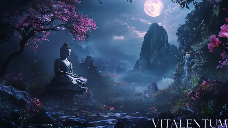 Moonlit Buddha garden under cherry blossom whispers.