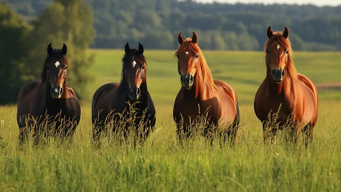 Quadrilateral equine alignment in sunlit pasture panorama.