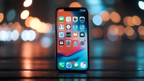 iPhone Home Screen with Colorful Apps and Bokeh Backdrop