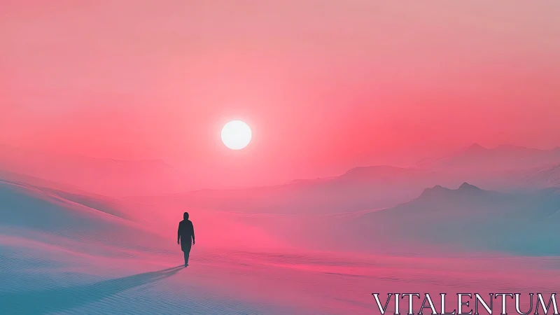 Solitary figure traverses neon dusk dunes in atmospheric gradient