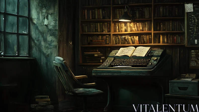 Moody library desk with glowing typewriter and worn book.