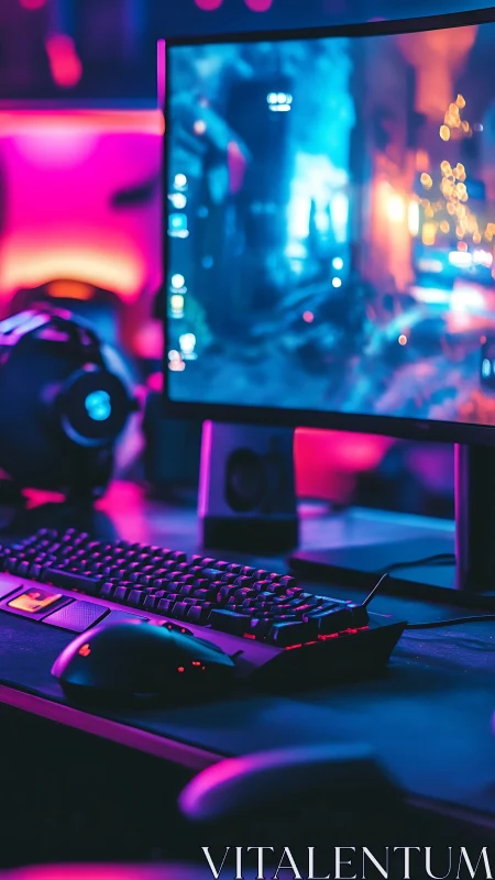 Cozy neon gaming desk glowing with immersive color and life.
