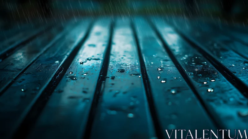 Wet slatted surface is shown under falling rain at night